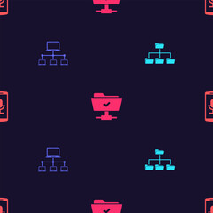 Set Folder tree, Computer network, FTP operation successful and Mobile recording on seamless pattern. Vector