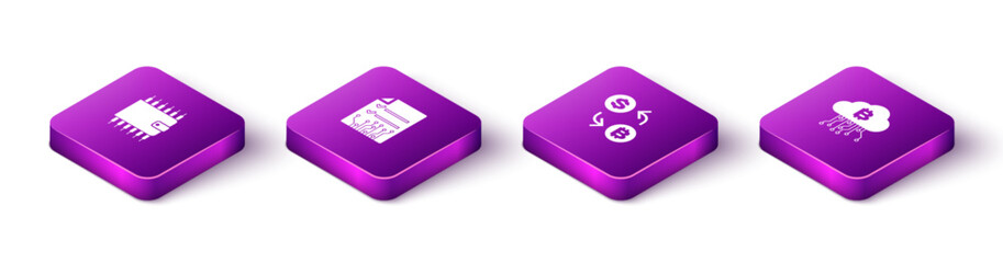 Set Isometric Cryptocurrency wallet, Smart contract, exchange and cloud mining icon. Vector