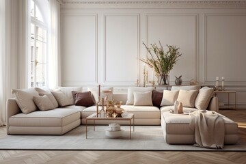 Luxury corner beige sofa and poufs in classic apartment. Scandinavian style home interior design of modern living room