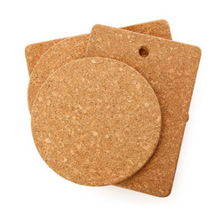 Set of cork table coasters on white background