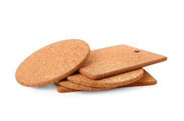 Set of cork table coasters on white background