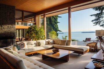 Obraz premium Mid-century coastal home interior design of modern living room in seaside villa