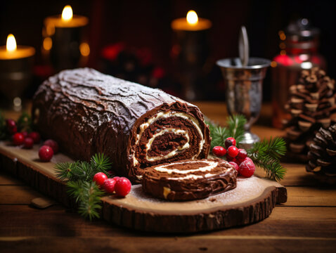 Chocolate log cake dusted with powdered sugar and a swirl of cream in the center, set on a wooden board decorated with red berries, pine cones, against a dark festive background.