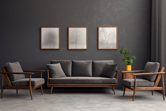 Mid-century home interior design of modern living room. Dark grey sofa and chair against grey wall with three art frames