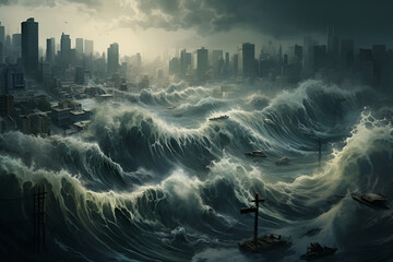 Tsunami, flood, wave covers the city and destroys. Generated AI. - obrazy, fototapety, plakaty