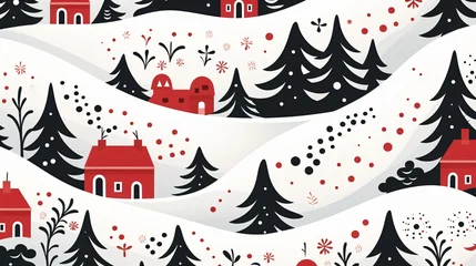 Fototapete Berge Illustration of a winter scene in a flat design style featuring a snowy landscape with black trees, red houses, and white hills with black dots.