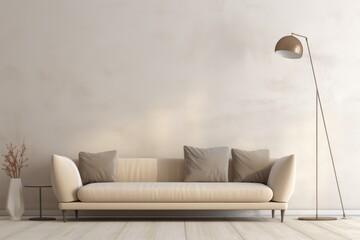 Minimalist home interior design of modern living room. Beige velvet sofa and floor lamp against wall with copy space.