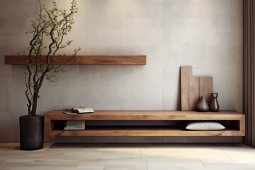 Minimalist style interior design of modern entrance hall with wooden bench