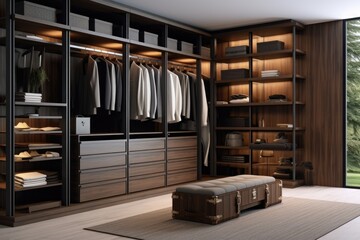 Modern dark wooden walk in wardrobe with clothes hanging on rods, shelves and drawers. Dressing room with space for storing
