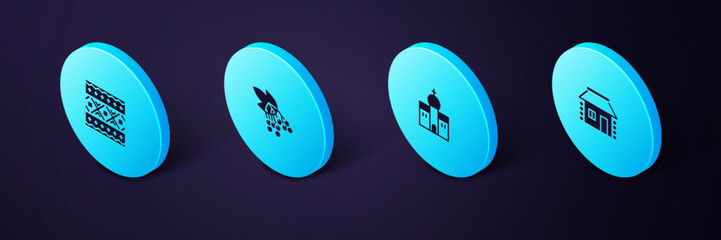 Set Isometric Ukrainian house, Church building, Branch viburnum and ethnic pattern icon. Vector