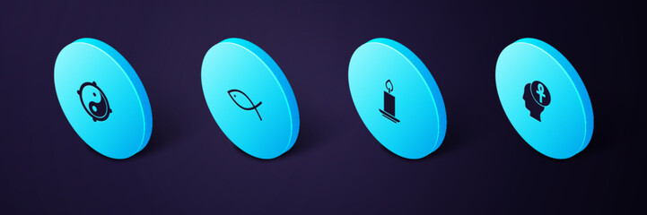 Set Isometric Cross ankh, Burning candle, Christian fish and Yin Yang icon. Vector