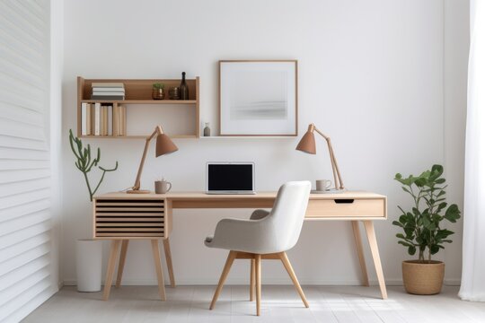 Modern home office with wooden desk and office chair against of white wall. Scandinavian interior design of modern living room
