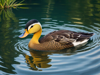 Obraz premium Sunset Serenade: The Majestic Mallard Glides Through Golden Wate