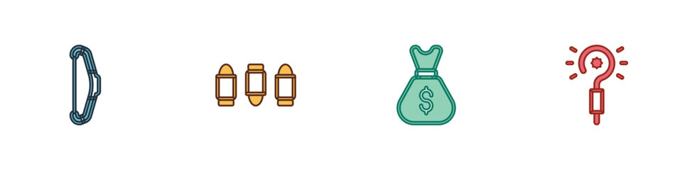 Set Medieval bow, Bullet, Old money bag and Magic wand icon. Vector