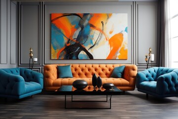 Orange and blue tufted sofas near stucco wall. Art deco interior design of modern living room