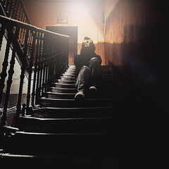 Horror dark portrait of a woman wearing a hood, with his hands on her face, sitting on stairs. Creepy atmosphere for Halloween concept.