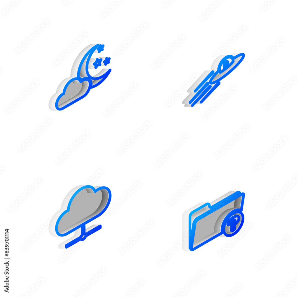 Poster set isometric line ufo flying spaceship and alien, cloud with moon stars, network cloud connection a
