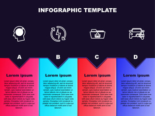 Set line Head hunting concept, Recharging, Folder upload and Car sharing. Business infographic template. Vector