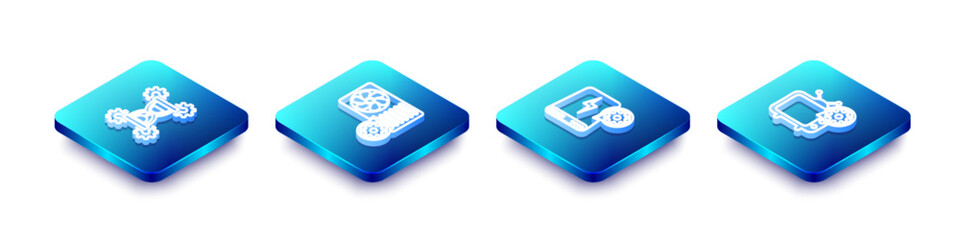 Set Isometric line Hourglass setting, Air conditioner, Power bank and Tv icon. Vector