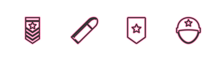 Set line Chevron, , Bullet and Military helmet icon. Vector