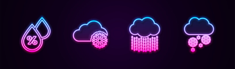 Set line Water drop percentage, Cloud with snow, rain and . Glowing neon icon. Vector