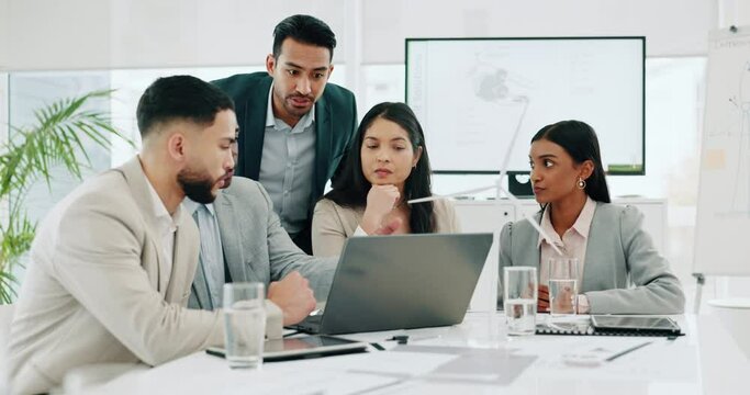 Business people, renewable energy and laptop for team discussion or meeting for proposal or planning. Diversity, windmill or men and women talk technology development, collaboration and innovation