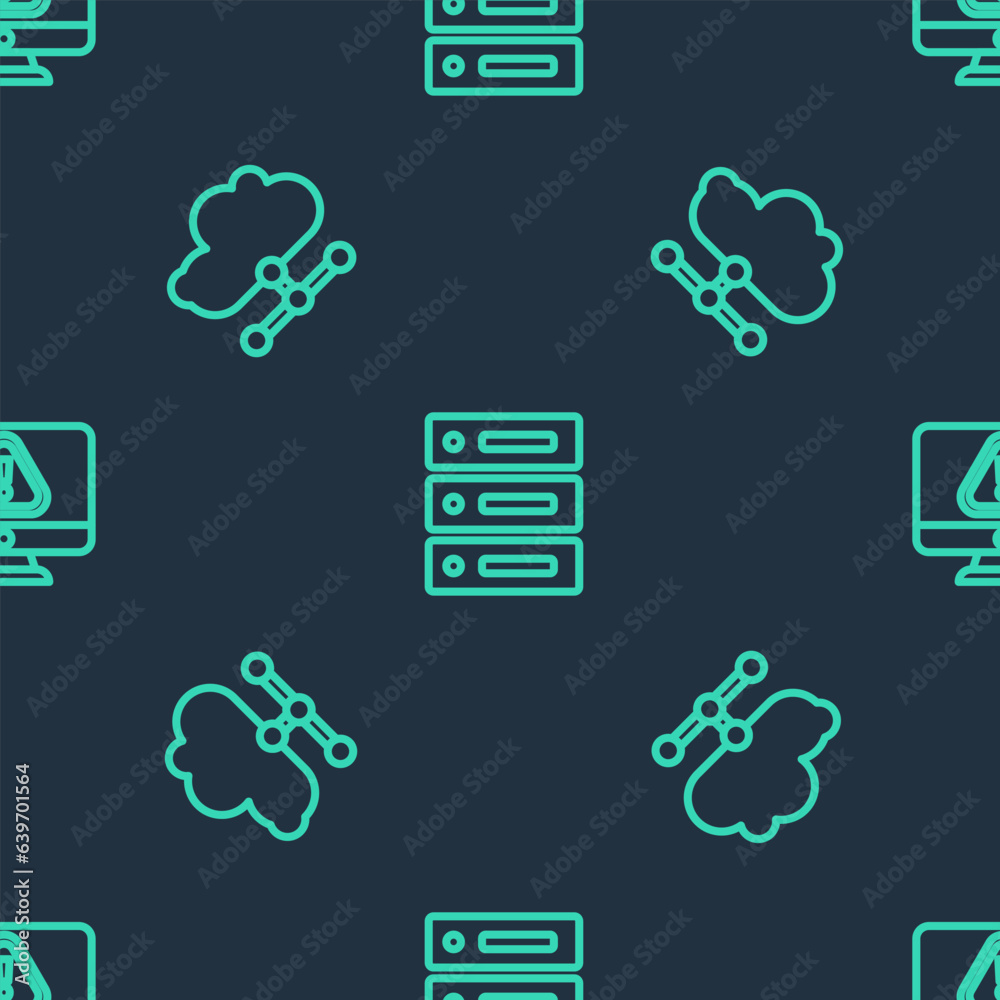 Poster set line server, data, web hosting, network cloud connection and monitor with exclamation mark on se