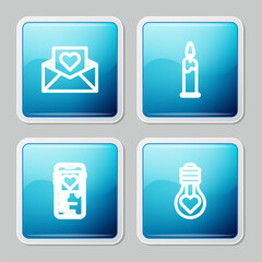 Set line Envelope with Valentine heart, Burning candle, Mobile and Heart shape light bulb icon. Vector