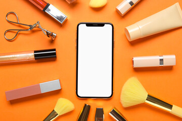 Composition with modern mobile phone, different cosmetics and makeup accessories on color background