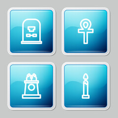 Set line Tombstone with RIP written, Cross ankh, Stage stand or tribune and Burning candle icon. Vector
