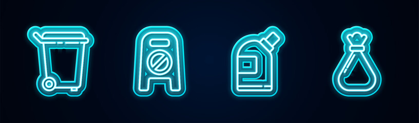 Set line Trash can, Wet floor and cleaning in progress, Bottles for agent and Garbage bag. Glowing neon icon. Vector