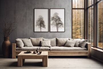 Rustic sofa near grey wall with two frames against big window. Scandinavian, rustic home interior design of modern living room