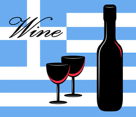 Black bottle of red wine and stemmed glasses on background with national flag colors of Greece. Vector illustration for product labels, logo, poster.
