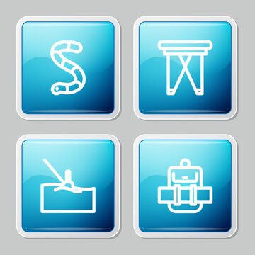 Set line Worm, Folding chair, Fishing float water and Hiking backpack icon. Vector