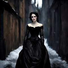 Fototapeta premium Illustrated portrait of a medieval woman in a black dress walking in an alley covered with snow