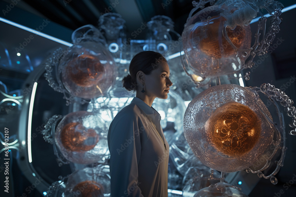 Wall mural a biotechnology researcher, face illuminated by the soft light from a computer screen, displaying a 