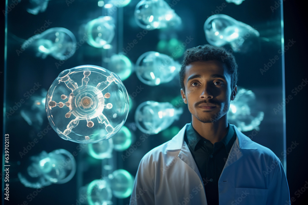 Wall mural a biotechnology researcher, face illuminated by the soft light from a computer screen, displaying a 