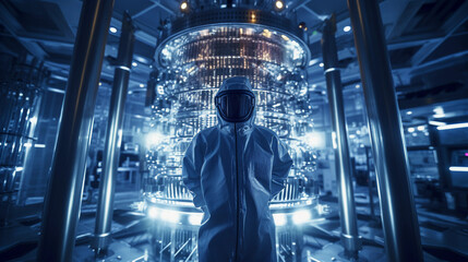 A scientist in a cleanroom suit, standing in front of a complex bioreactor with glowing contents, signifying the advanced biotechnology in pharmaceutical manufacturing