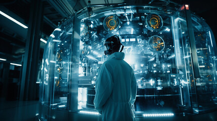 A scientist in a cleanroom suit, standing in front of a complex bioreactor with glowing contents, signifying the advanced biotechnology in pharmaceutical manufacturing