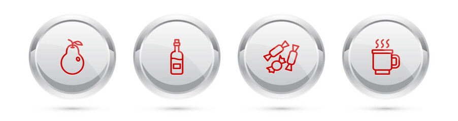 Set line Pear, Bottle of wine, Candy and Cup tea. Silver circle button. Vector