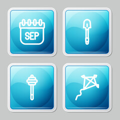 Set line September calendar autumn, Shovel, Honey dipper stick and Kite icon. Vector