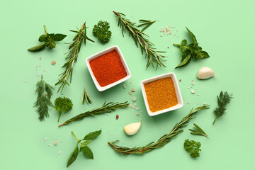 Fototapeta na wymiar Composition with aromatic spices and fresh herbs on color background