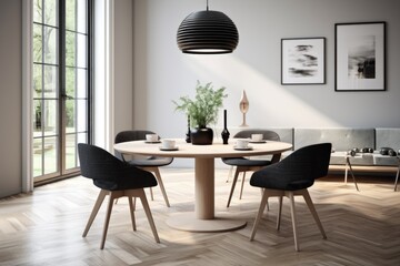 Scandinavian interior design of modern dining room. Round dining