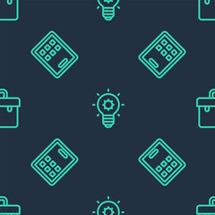 Set line Light bulb, Graphic tablet and Briefcase on seamless pattern. Vector