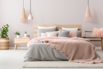  Scandinavian style interior design of modern bedroom. Bed with pink pillows and woven blanket