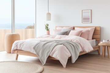 Scandinavian style interior design of modern bedroom. Bed with pink pillows and woven blanket