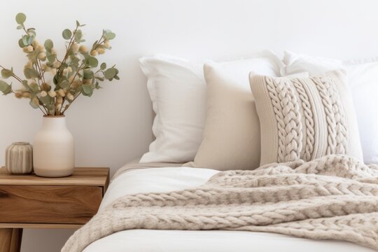 Scandinavian style interior design of modern bedroom. Bed with beige pillow and knitted blanket