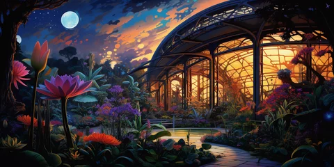 Fotobehang Sci - fi landscape of a bio - engineered garden, lush and exotic plants with genetic modifications, radiating a phosphorescent glow, calm dusk light, vibrant colors, surrealist style painting © Marco Attano
