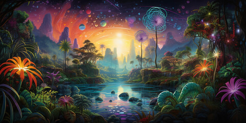 Sci - fi landscape of a bio - engineered garden, lush and exotic plants with genetic modifications, radiating a phosphorescent glow, calm dusk light, vibrant colors, surrealist style painting