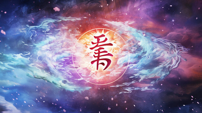 Symbolic representation of Reiki, five Reiki principles in calligraphy, against a cosmic galaxy backdrop, stardust effects, vibrant colors, illustrative, ethereal style, intense depth